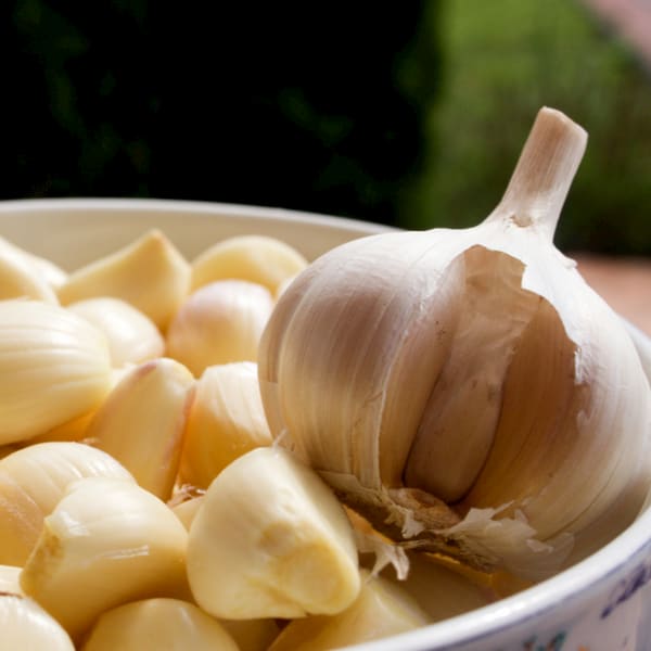 a white bowl of peeled garlic cloves and a bulb of garlic