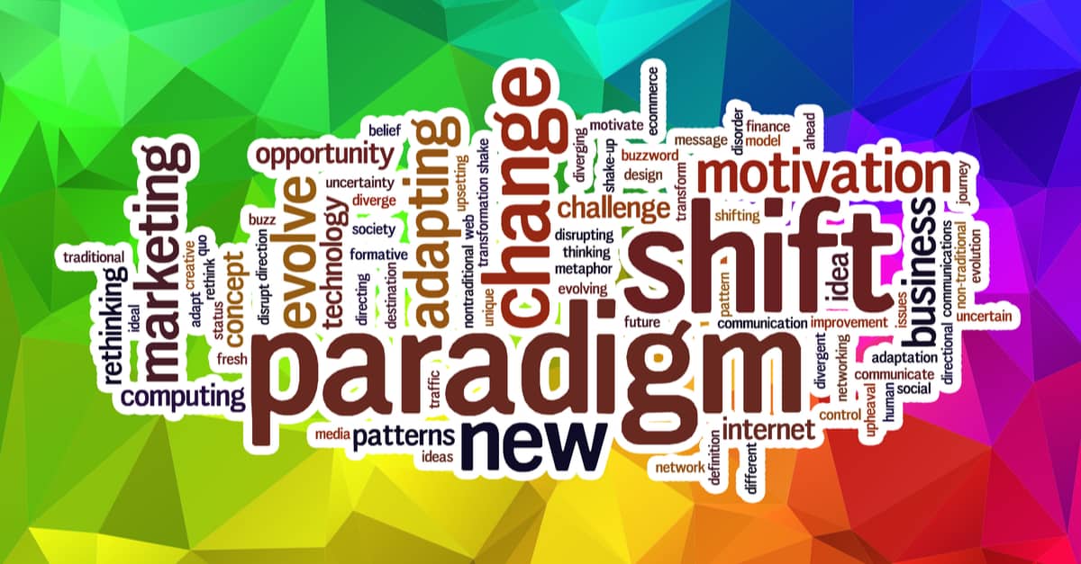 paradigm shift word cloud on an abstract background