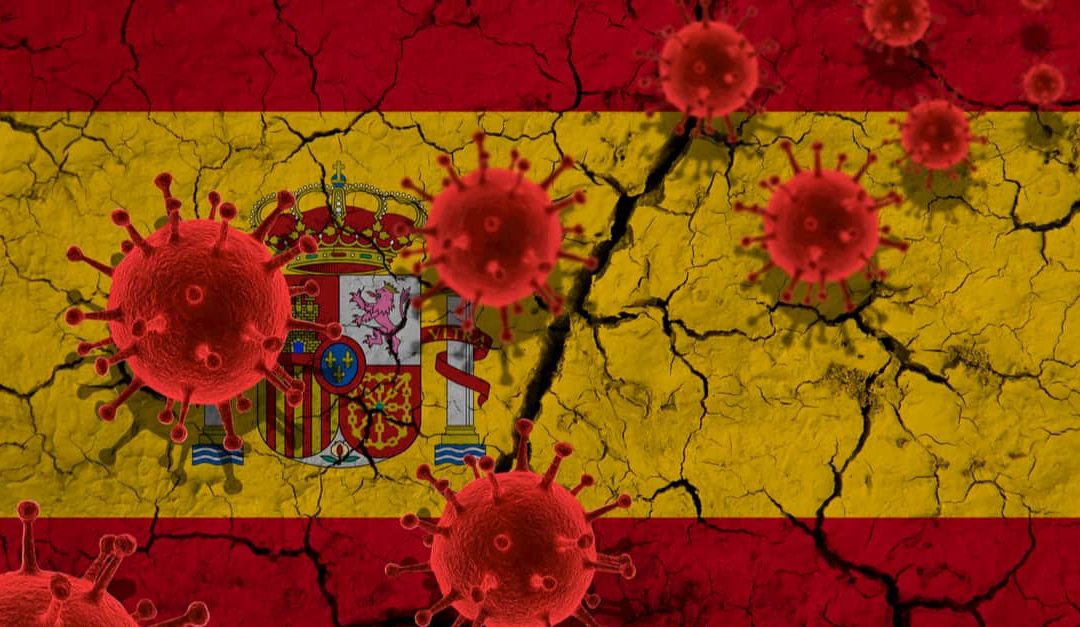red virus cells, pandemic influenza virus epidemic infection, spanish flu, against the background of a cracked spain flag