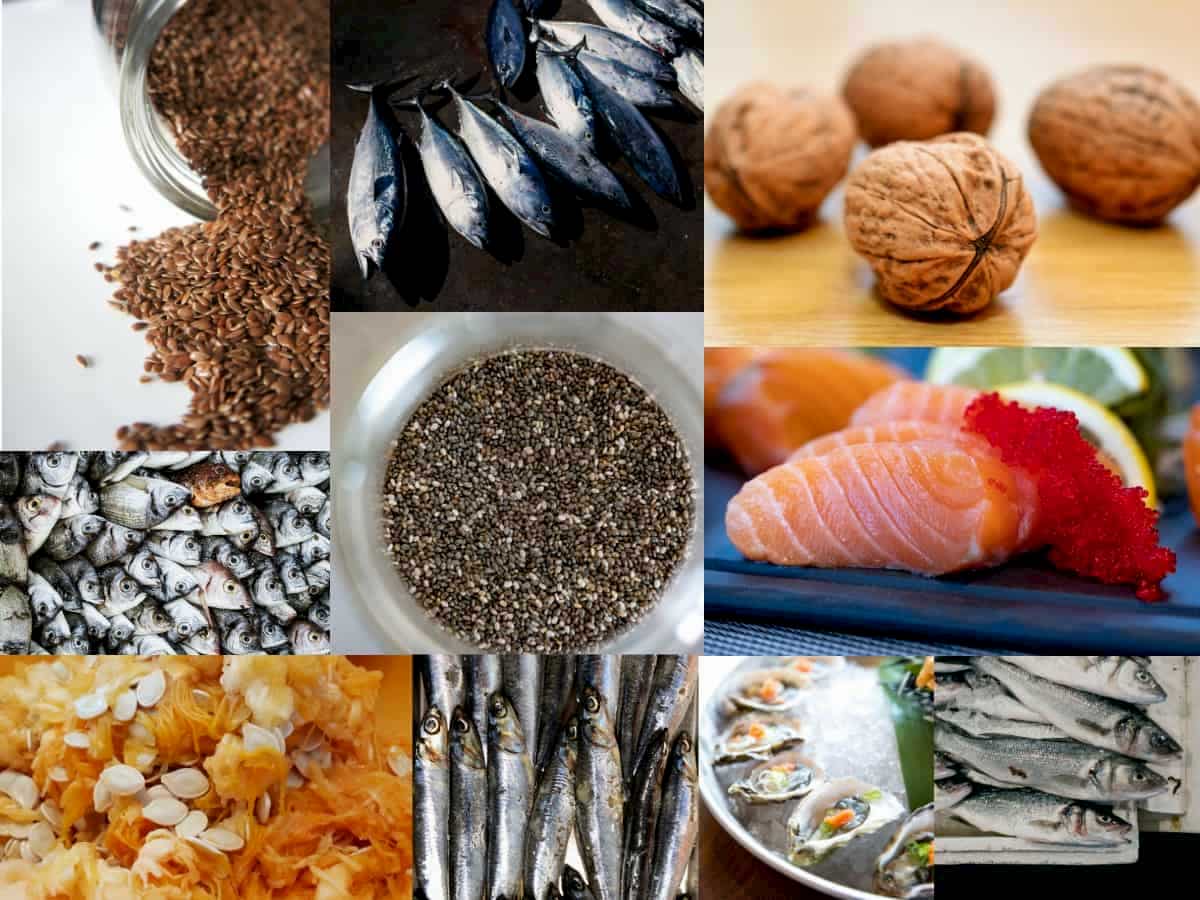 A collage of ten foods rich in essential fatty acids