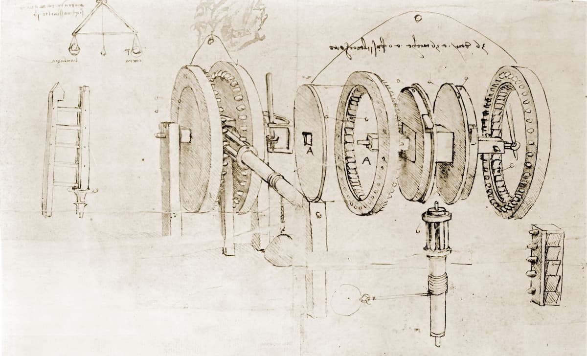 Page from the notebooks of Leonardo da Vinci showing a geared device