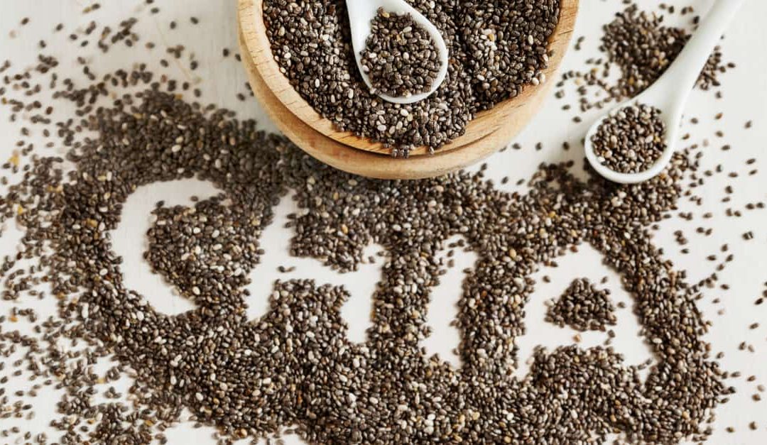 the word Chia spelt out in chia seeds