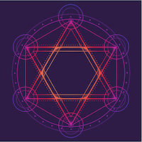 Hexagram encompassed with a circle. Multicultural symbol representing anahata chakra in yoga and a Star of David. Line drawing isolated on a deep violet background.