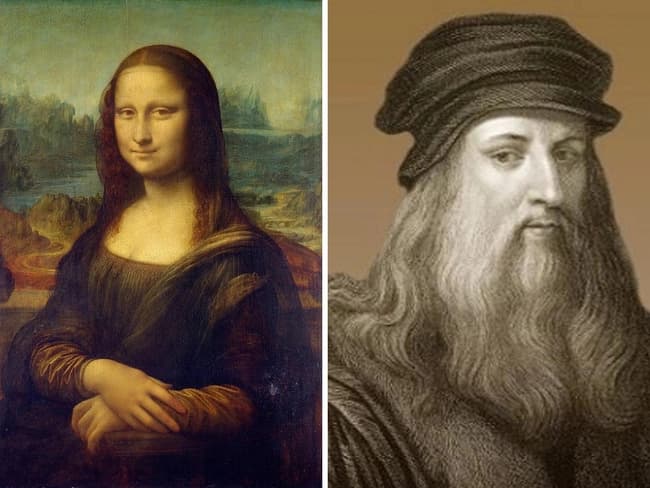 The Mona Lisa painting beside a picture of Leonardo Da Vinci