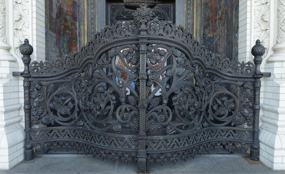 Sacred geometry. Wrought iron gates at the entrance to the temple
