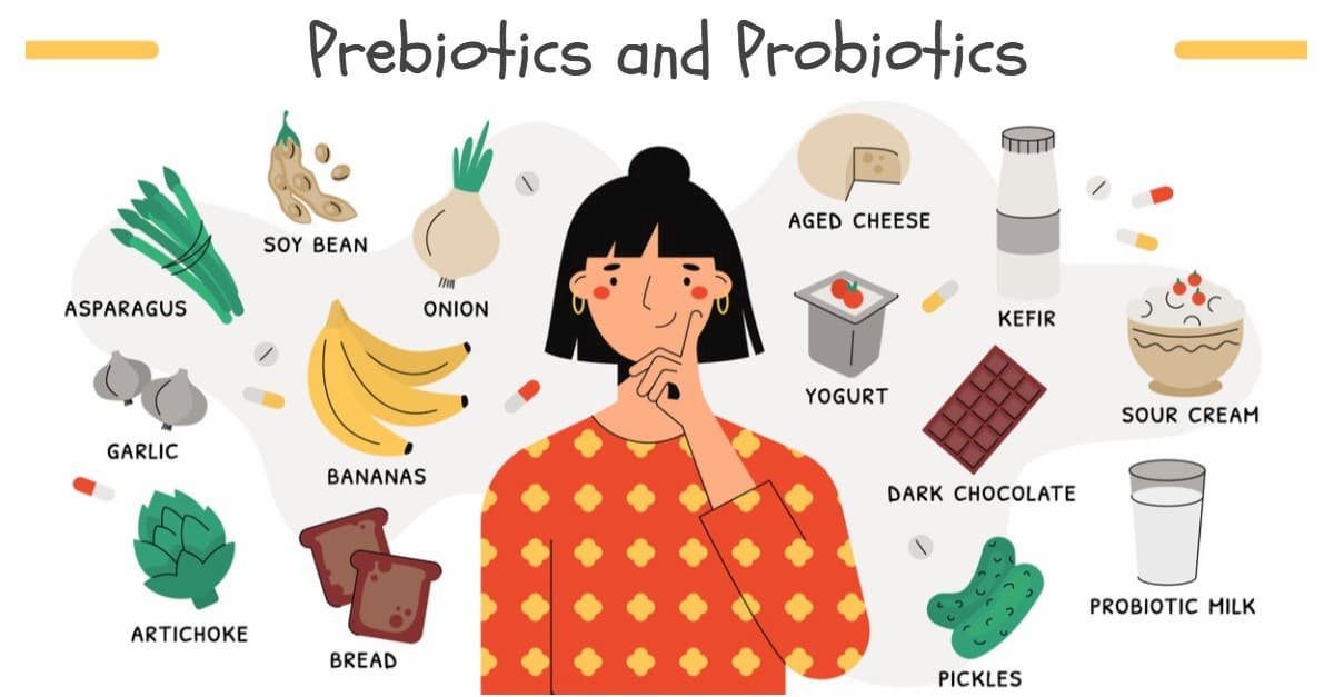 illustration of a female thinking about differences between probiotics and prebiotics. Sources of these bacteria are flying around.