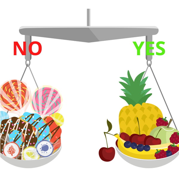 Scales with bowls filled with sweets and fruits. The theme of a healthy diet