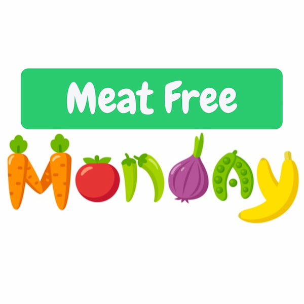 Meatfree Monday banner with bright cartoon vegetables.