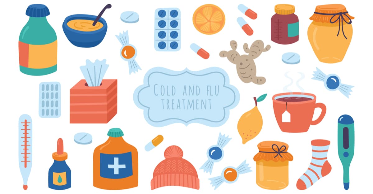 Cold flu and virus treatment concept. Handkerchief, medicine, drugs and natural illness treatments.