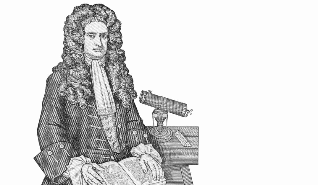 Sir Isaac Newton with his telescope. Portrait from Great Britain Banknote.