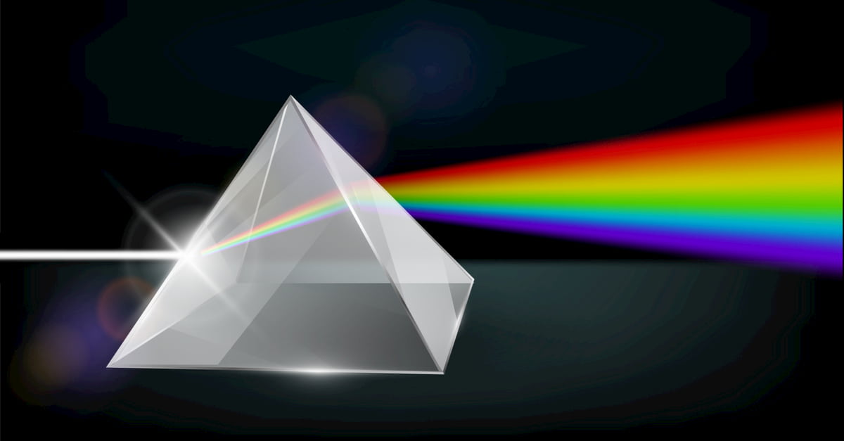Light rays and rainbow spectrum dispersion optical effect in glass prism.