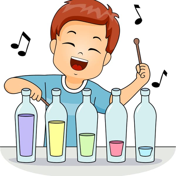 Illustration of a Cute Little Boy Playing with an Improvised Xylophone Made of Glass Bottles
