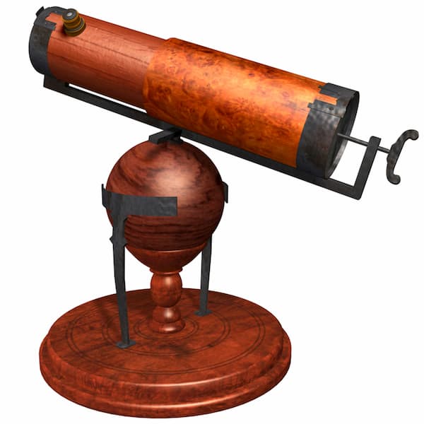 3D Rendering Illustration of Ancient Rotative Reflector Telescope; designed and created by Sir Isaac Newton in 1668 with wood and metal components, lens and polished mirrors, tubes, mount & fittings.