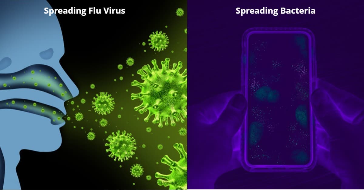 The Differences Between Viruses and Bacteria spreading. Two images showing how viruses and bacteria can be spread, viruses can spread in airborne droplets from coughs or sneezes, bacteria can be picked up from surfaces you touch eg mobile phone