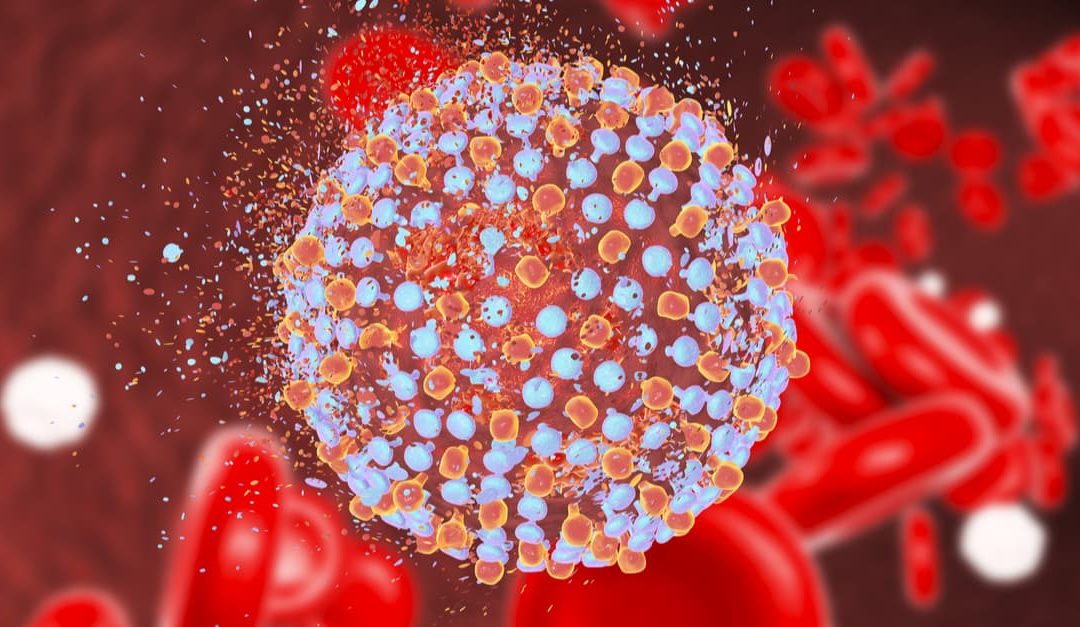 Destruction of hepatitis C virus, 3D illustration. Conceptual image for hepatitis C treatment