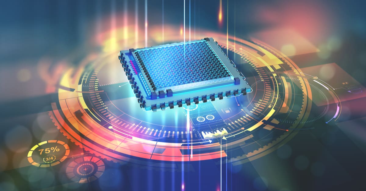 Futuristic CPU. Quantum processor in the global computer network. 3d illustration of digital cyber space