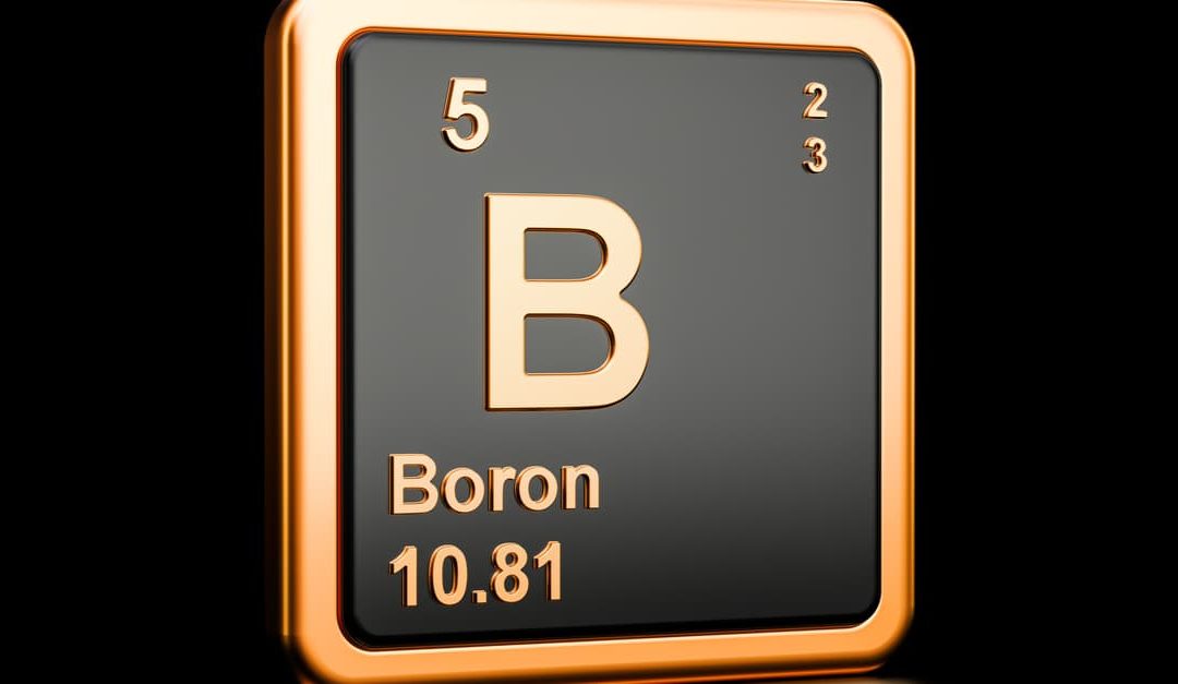 Boron B, chemical element. 3D rendering isolated on black background