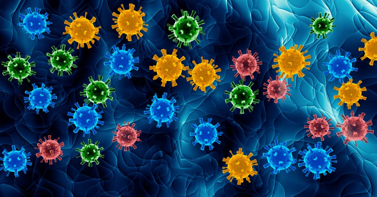 3D illustration of cells in different colours that represent the different coronavirus strains.