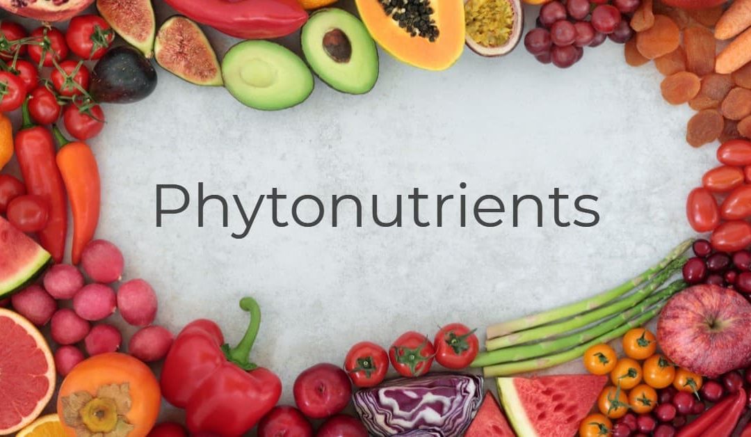 The word Phytonutrients surrounded by fruit and veg that are rich sources.
