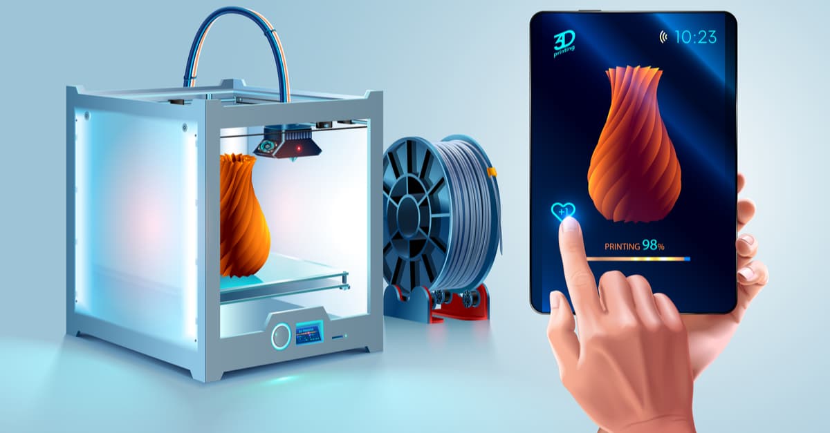 White 3D Printer creating a Vase that was Programmed on a Tablet
