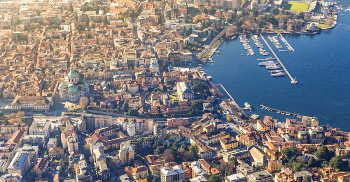 Aerial landscape of the picturesque colorful City of Como on Lake Como, Italy. 