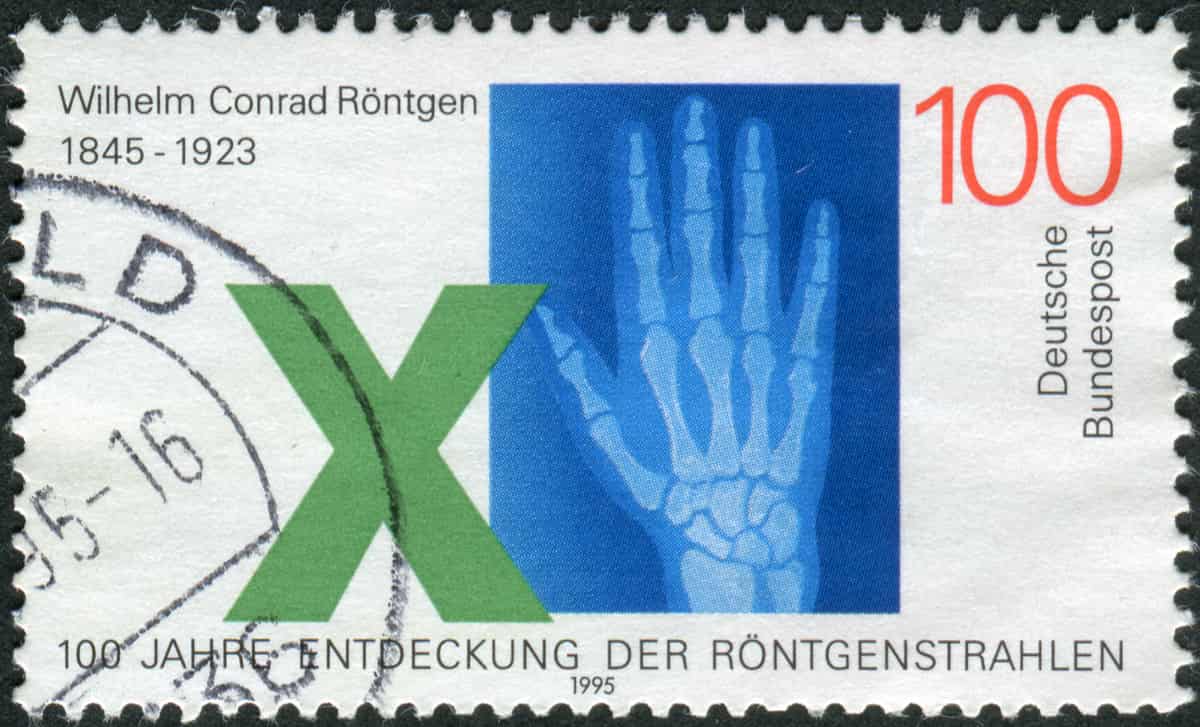 Postage stamp printed in Germany, dedicated to the 150th anniversary of Wilhelm Conrad Roentgen, discoverer of X-rays