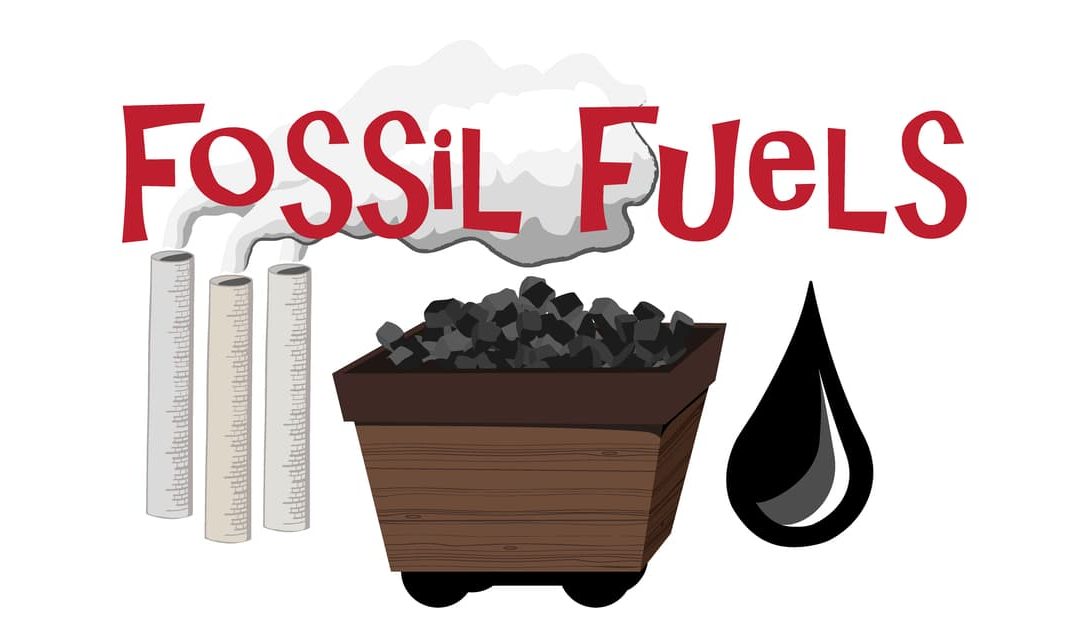 Vector image of smoking chimneys, an old mining coal cart, a drip of oil and the words Fossil Fuels