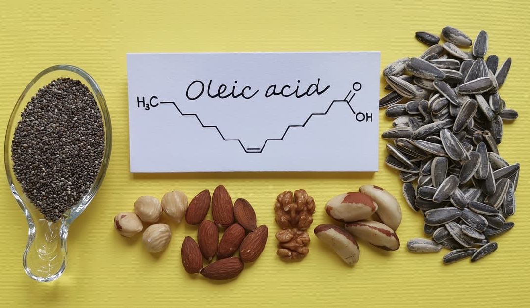 Structural chemical formula of oleic acid, an omega-9 fatty acid, with natural sources of oleic acid.
