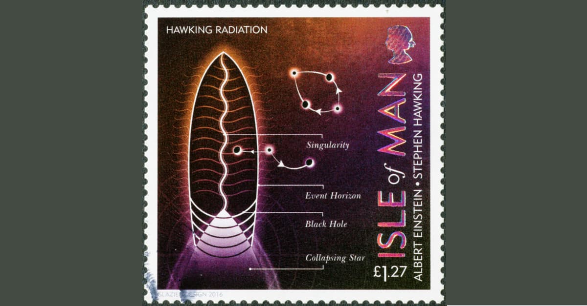 A 2017 postage stamp from Isle of Man depicting Hawking Radiation