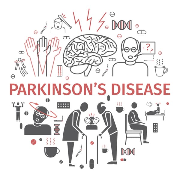 The words Parkinson's Disease on an infographic showing parkinson's symptoms