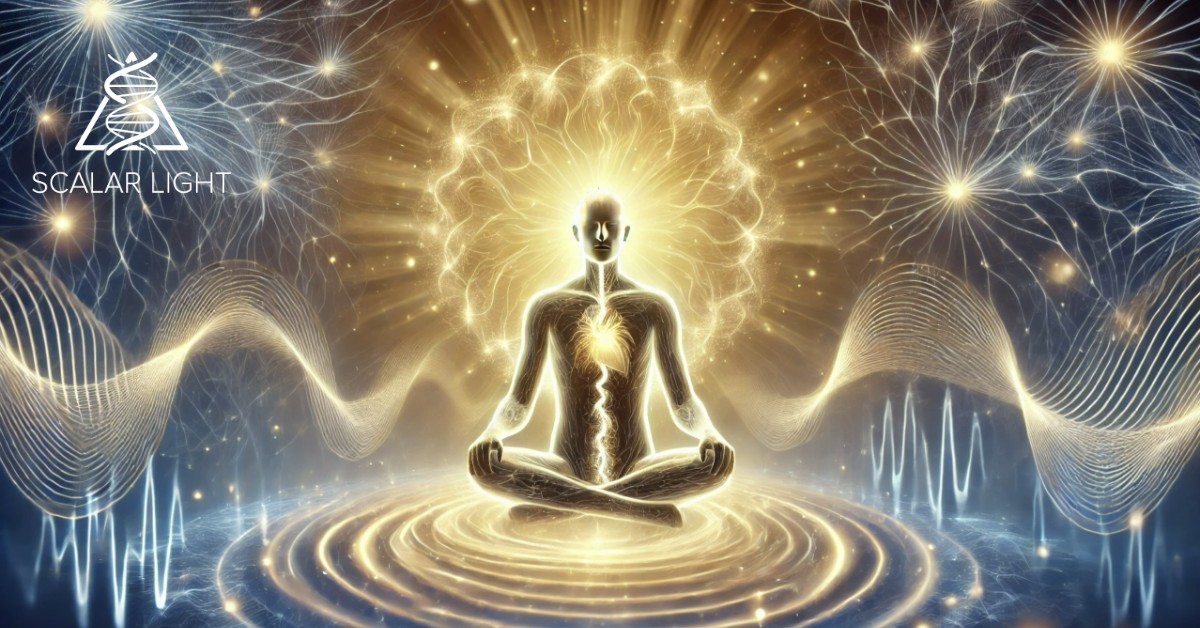Digital artwork depicting Scalar Light calming the nervous system and easing anxiety. A human figure in a meditative state is surrounded by a soft golden-white energy field, with gentle waves of Scalar Light flowing through the brain and body. The background blends neural connections with cosmic light, symbolizing relaxation, stress relief, and emotional balance.