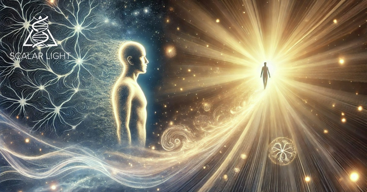 Digital artwork illustrating Scalar Light alleviating depression and restoring emotional balance. A human figure is bathed in a golden-white energy field, emerging from darkness into light, symbolizing the transition from depression to inner peace and vitality. The background blends cosmic light, radiant waves, and neural patterns, representing emotional renewal and mental clarity.