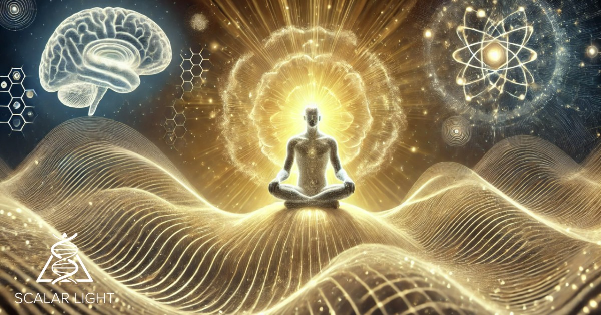Digital artwork illustrating how to experience Scalar Light for anxiety and depression. A serene human figure is surrounded by a golden-white energy field, symbolizing the remote absorption of Scalar Light. Gentle waves of healing energy flow around the figure, promoting emotional balance and mental clarity, with a background of cosmic light, neural patterns, and quantum energy fields.