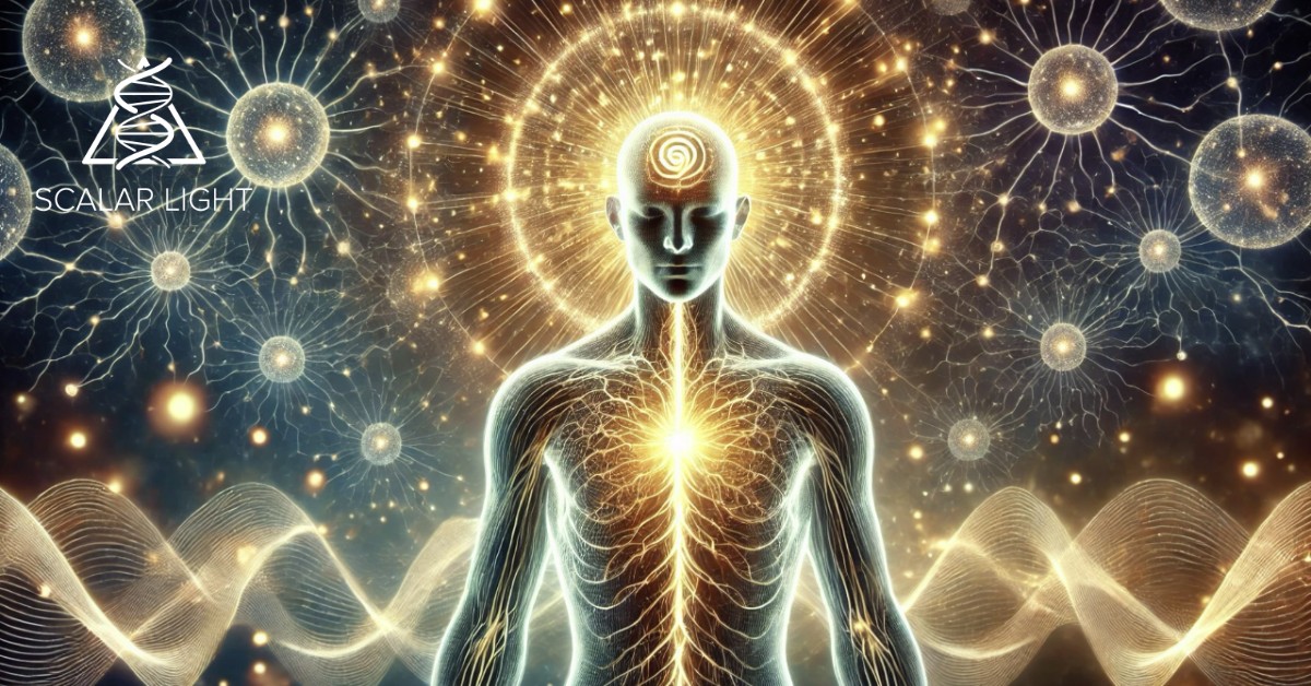 Digital illustration depicting how Scalar Light interacts with the human mind and body. A human silhouette is illuminated with golden-white energy pathways, symbolizing the flow of Scalar Light through the nervous system and brain. The background blends cosmic elements, neural networks, and glowing light, representing emotional well-being and brainwave balance.