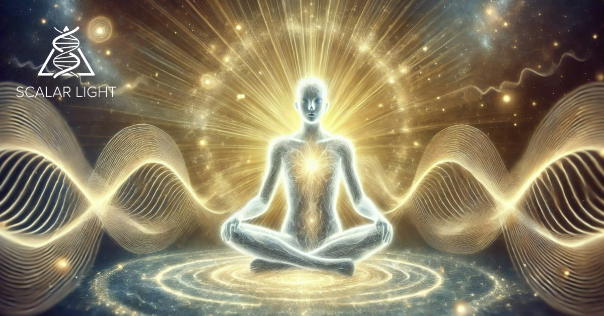 Digital artwork illustrating the non-invasive and holistic nature of Scalar Light healing. A peaceful human figure is surrounded by a gentle, radiant golden-white energy field, symbolizing healing without physical contact. Waves of Scalar Light flow through the body’s biofield, promoting balance and restoration, with a cosmic light background representing the natural and effortless healing process.