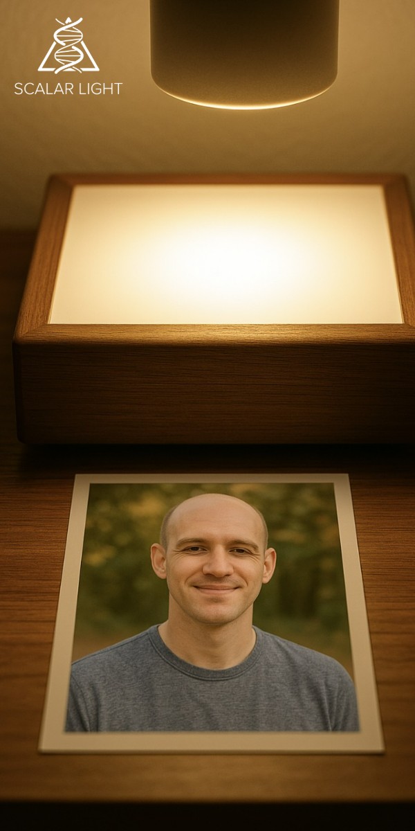 Scalar energy instrument with a photo placed beneath it, symbolizing remote energy transmission