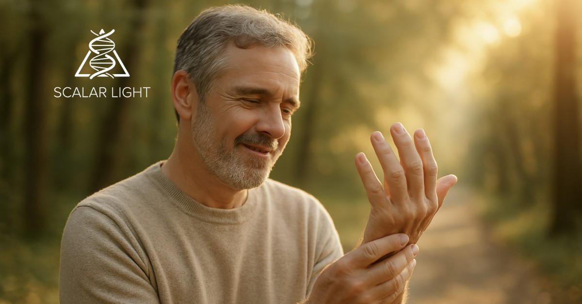 Man with arthritis gently flexing his hand outdoors, symbolizing pain relief and renewed mobility