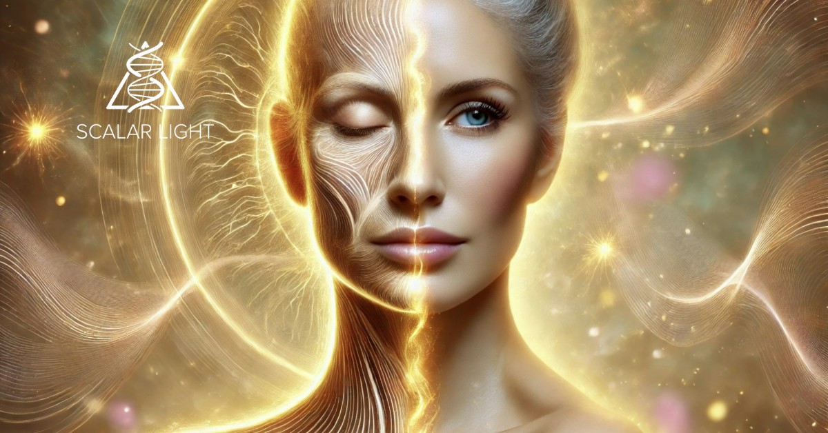 Illustration of a woman’s skin rejuvenated by scalar energy, showing one side aging and the other youthful, with golden energy waves symbolizing cellular renewal.