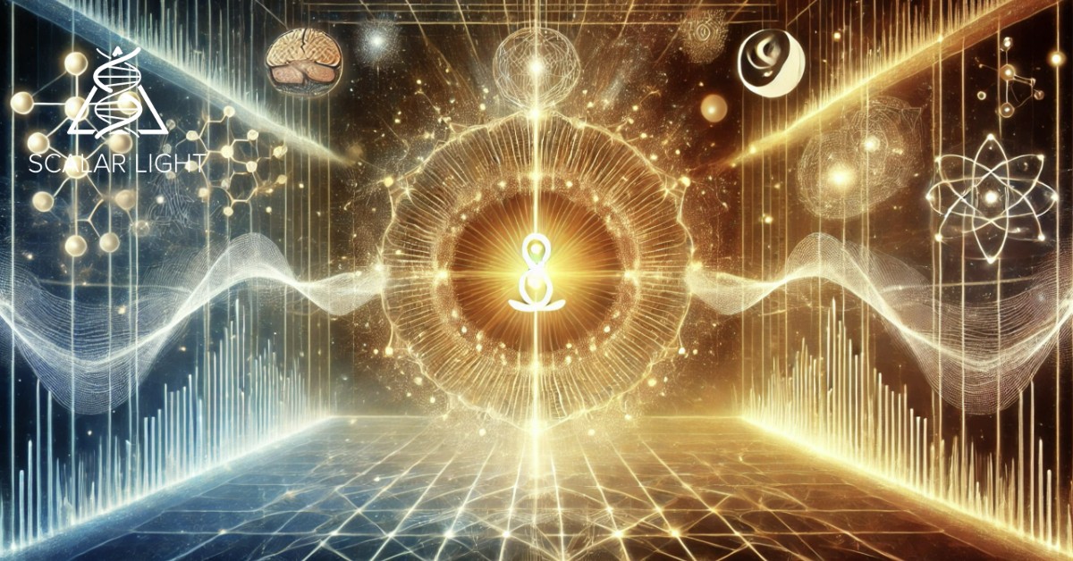 Conceptual digital artwork illustrating the connection between scientific research and spiritual perspectives on Scalar Light. The image balances scientific elements such as waveforms, neural networks, and quantum energy fields with spiritual imagery like a radiant human aura, divine light, and cosmic harmony. A golden-white bridge of Scalar Light connects both realms, symbolizing the unity of science and spirituality in healing.