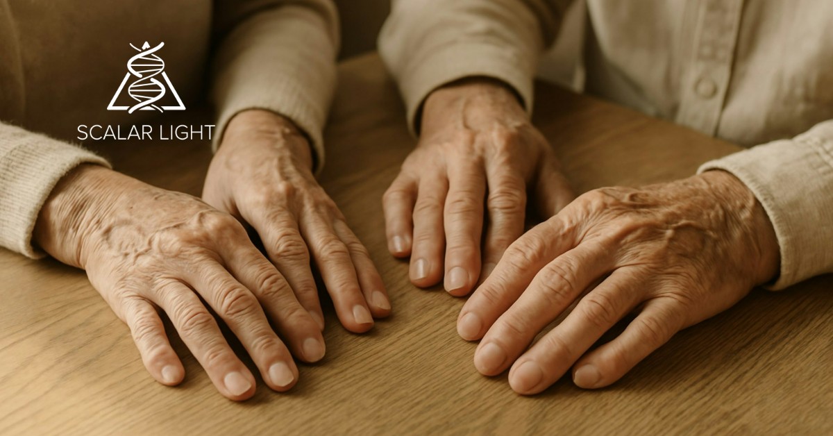 Close-up of elderly hands showing signs of arthritis, resting gently on a wooden table in soft natural light