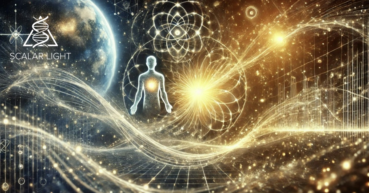 Conceptual digital artwork depicting Scalar Light as a divine and scientific force, with radiant waves of golden-white energy flowing through the cosmos. A glowing energy field connects a human silhouette to celestial bodies, symbolizing the union of science and spirituality.