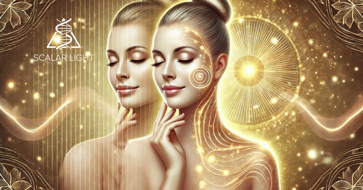 Illustration of a woman experiencing the real-life benefits of scalar energy for skin rejuvenation, with radiant, youthful skin and golden energy waves symbolizing healing.