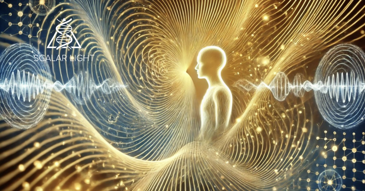 Illustration of scalar energy waves as golden light patterns surrounding a human silhouette, symbolizing cellular rejuvenation and bioelectrical balance.