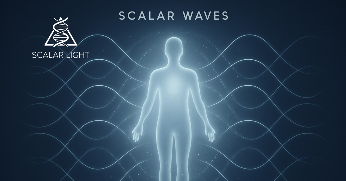 Visual representation of scalar energy waves surrounding a human body in a peaceful light field