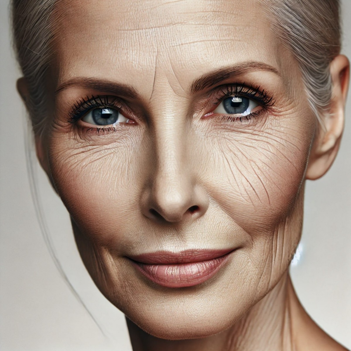 Portrait of an aging woman with visible fine lines, wrinkles, and slight sagging, showcasing natural beauty and the effects of skin aging.
