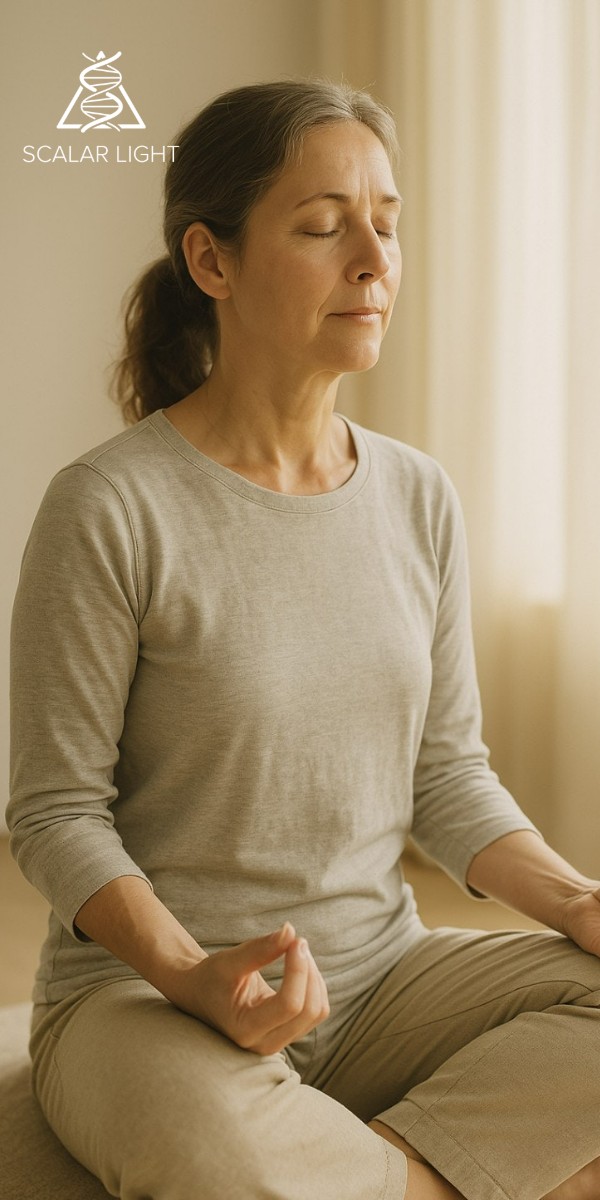 Woman in a serene meditative posture, reflecting calm and balance during scalar energy session